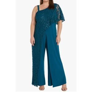 New R&M Richards blue lace sequin one shoulder jumpsuit Size 10 Wedding Cocktail